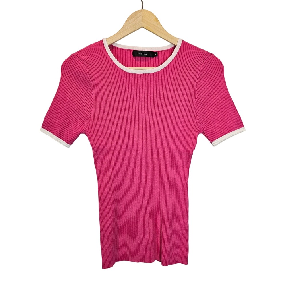 Zesica Pink Preppy Ribbed Stretch‎ Sweater Top Short Sleeve Size Large